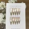 Uñas Portátiles Hechas a Mano [Oro Champagne Radiante] Mil Oro Oro Champagne Ojo de Gato Purpurina Fina Cadena de Pedrería Apilada Francesa