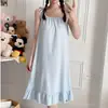 Pijama Nuevo de Verano 2025 para Mujer Algodón Nube Color Sólido Tirante Falda de Longitud Media Ropa de Casa Bata