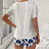 Shorts Curtos de Manga Curta Finos Europeus e Americanos Transfronteiriços para Mulheres, Pijama Respirável de Gola Redonda de Tamanho Grande para Exportação para Mulheres, Roupa de Casa Casual Fofa