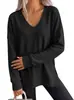 Amazon Comercio Exterior Transfronterizo Otoño/Invierno 2026 Nueva Camiseta de Waffle de Color Sólido con Cuello en V Holgada de Manga Larga con Abertura para Mujer