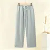 Pantalones de pijama de algodón puro para mujer, finos y holgados, adecuados para usar fuera, para madres de mediana edad, pantalones caseros de cuadros 100% algodón, estilo fino de verano