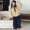 Gabardina estilo coreano para niña 2026 otoño nuevo cárdigan corto floral para niños mayores, top de otoño de manga larga para niños