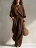 Conjunto de Lino Bohemio Europeo y Americano para Vacaciones Manga Corta con Escote en V Profundo Pantalones de Pierna Ancha Holgados Casual Conjunto de Dos Piezas Ropa de Mujer Transfronteriza