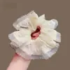 Lazo Elástico Grande para el Pelo con Borde de Encaje Dulce Francés Bordado y Borde de Gasa para Mujer, Elegante Sujetador de Cola de Caballo, Banda Elástica Versátil, Accesorio para el Cabello