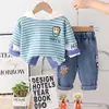 Roupa Infantil Primavera Casual Desenho Animado Fofo Listrado Moletom de Manga Comprida Conjunto Calça de Manga Comprida Infantil Primavera e Outono Conjunto de Duas Peças