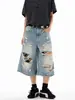 Shorts Jeans Retrô Americano Lavado Desgastado Rasgado para Homens e Mulheres Verão Moderno Solto Pernas Largas Casual Calças Cropped Modernas