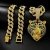 Colar Masculino Estilo Hip Hop Transfronteiriço Europeu e Americano com Pingente de Tigre em Liga Metálica Incrustado com Strass Olho de Esmeralda Cabeça de Tigre Feroz com Gotejamento de Óleo