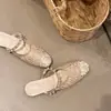 Mules de Malla Bordada para Mujer, Zapatillas Planas de Moda de Verano con Tira de Perlas Poco Profunda para Combinar con Vestidos