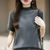 Suéter de Algodón de Manga Corta para Mujer para el Trabajo, Cuello Semi Alto, Camiseta de Punto de Color Sólido, Holgado y Adelgazante, Capa Base para Primavera y Otoño