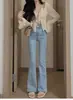 Jeans acampanados para mujer, nuevo estilo primavera-verano, de color claro, tiro alto, corte ajustado, favorecedores para figuras petite, pierna recta, con caída, pantalones bootcut hasta el suelo