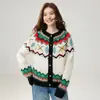 Cardigã de Caxemira com Intársia Fair Isle 2026 Outono/Inverno Feminino Gola Redonda Color Block Top Casaco Doce com Botões de Pérola