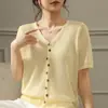 Estilo Minimalista Francês Gola V Tricô de Seda Gelada Cardigã Camiseta de Manga Curta Feminina Verão Design Fino Abotoado Confortável Respirável Top