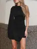 Vestido drapeado con mangas de volantes irregulares, diseño que ciñe la cintura para un efecto adelgazante, cuello alto, vestido plisado, falda bodycon de cintura alta