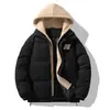 Jaqueta de Algodão Masculina com Capuz, Cor Contrastante, Veludo Grosso, Acesso Controlado, Falsa Peça Dupla, Corduroy de Inverno, Roupa de Algodão Casual