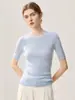 Camiseta de manga corta para mujer, cuello redondo, ajuste ceñido, de hilo Yangzi 100% lana de hilado fino, top de punto suave y cómodo