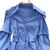 Camisa con Cuello Estilo Coreano y Japonés para Mujer que Ceñe la Cintura, Blusa Versátil de Manga Larga con Diseño Único de Pliegues, Top de Moda Rayado Chic de un Solo Botón