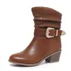 Botines de Tacón Grueso, Botas Vaqueras Perforadas, Hebilla de Cinturón Hueca, Zapatos de Mujer Talla Grande, Botas Fruncidas, Cremallera Lateral, Botas de Montar de Punta Redonda