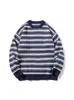 Suéter Jianheng para Hombre Otoño e Invierno Retro Pulóver Superior Holgado Casual Rayas Color de Contraste Cuello Redondo Suéter Pareja Mujer
