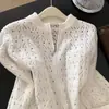 Cardigã suéter branco estilo coreano, zíper duplo, tricô aberto, espessado, design feminino, peça superior única e de caimento solto