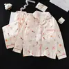 Pijama para niñas, cárdigan fino de manga larga para primavera y otoño, tallas medianas y grandes, con temática de dibujos animados, adecuado para usar en habitaciones con aire acondicionado, ropa de estar para niñas, conjunto de dos piezas, verano