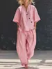 2026 Verano Amazon Transfronterizo TK Ropa de Mujer Asimétrica Diagonal Hebilla Cuello en V Camisa Pantalones de Pierna Ancha Conjunto de Moda Casual