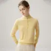 Suéter de tricô feminino simples de cashmere com gola alta parcial, abotoado, manga longa, modelagem justa, moderno, camada base versátil