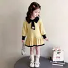 Vestido de Punto para Niña Bloque de Color Cuello Solapa Manga Larga Vestido Suéter Oso Lindo Corbata Volante Vestido Princesa