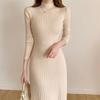 Outono e Inverno 2025 Saia Suéter Midi Acima do Joelho Gola Alta com Forro Vestido Tricotado A-Line para Mulheres