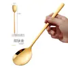 Cuchara de acero inoxidable para uso doméstico, cuchara sopera grande para plato principal de adulto de mango largo estilo coreano, linda cuchara para comer para niños
