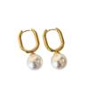Pendientes largos ovalados chapados en oro para mujer, estilo St Family, con perlas sintéticas de imitación, estilo retro, con hebilla en la oreja