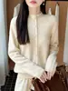 Cardigã de Tricô Exquisito com Gola Meia-Alta Crochê Feminino Outono Jacquard Pesado Tricô Solto Suéter Casaco Emagrecedor