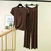 Conjunto de moda de verano ligero de modal con cuello en V y manga corta, y pantalones casuales de cintura alta, holgados, talla grande, adelgazante