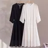Vestido slim de Tencel e linho com renda branca nas emendas, acinturado, para mulheres, estilo casual de verão, vestido rodado estilo fada