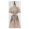 Falda de Paraguas Estampada con Encaje de Pedrería Floral de la Marca Z, Verano, Cuello Alto, Manga Corta, Corte Ajustado, Vestido Corto de Seda y Lino para Tallas Pequeñas
