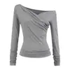 Camiseta Gris Estilo Coreano Puro Deseo Hombro Descubierto Manga Larga para Mujer a Principios de Otoño Chica Popular Cuello en V Cruzado Cintura Ceñida Top Corto