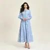 Estilo Europeo Malla Patchwork Bordado de Encaje Vestido Largo Cuello Alto Mangas Abullonadas Cintura Ceñida Elegante Vestido Ropa para Mujer Suministro Transfronterizo