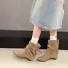 Botas de mujer con tacón grueso, botas de ante caqui vintage de altura media, botas western de tacón apilado, zapatos de mujer, botas de montar estilo francés de otoño