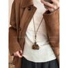 Bolso pequeño vintage marrón con estampado de leopardo, collar para mujer, cadena larga de lana para otoño e invierno, auriculares, monedero, accesorios colgantes