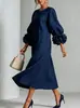 2026 Nuevo Modelo Vestido Midi para Mujer con Mangas Abullonadas y Decoración Floral, Cuello Redondo, Elegante Vestido Línea A, En Stock