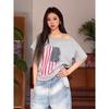 Camiseta de Algodão Puro Manga Curta para Mulheres com Ombro a Ombro Ombro a Ombro Estampada Manga Meia Manga com Ombros Inclinados Estilo de Rua Manga Três Quartos Estilo Americano