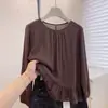 Camisa amarilla de manga larga para mujer, nuevo estilo principios de otoño 2026, talla grande, con dobladillo fruncido para cubrir la barriga