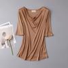Top de seda tricotada de alta qualidade, versátil, de seda de amoreira, confortável, respirável, com gola plissada e evasê, elegante, modelador, camiseta feminina