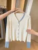 Suéter cárdigan chaqueta de punto de manga larga con cuello en V de color contrastante para mujer, estilo coreano holgado de principios de otoño, top versátil, moderno y delicado