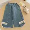 Jeans para niña, nuevo estilo francés de otoño, pantalones de otoño lavados para niños, pantalones rectos para bebé con ribete de encaje, modernos