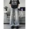 Jeans Azules Retro Americanos de Corte Inclinado Rasgados para Hombre Verano Adelgazantes Alargadores de Pierna Pierna Recta Ajuste Limpio Jeans de Micro Campana