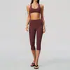 Conjunto esportivo de yoga com tecido escovado para mulheres, gola V, costas cruzadas, cintura alta, levanta bumbum, calça três quartos, 5558