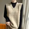Colete suéter de malha grossa com gola V e tranças 100% lã, suéter sem mangas, colete liso estilo coreano, peça para sobreposição para mulheres