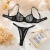 Lencería Francesa, Conjunto de Lencería Sexy de Encaje de Malla Transparente Ultra Fino Femenino, Senos Grandes, Sujetador Anti-Caída Pequeño