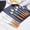 Louça de aço inoxidável estilo japonês com punho de madeira Faca de faia vintage doméstica e colher de garfo Colher de colher, Palitos de colher, Creative Fruit Fork, Colher de Café