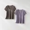 26ª Novedad de Verano Ropa para Mujer Fresca y Transpirable Sencilla Cuello en V Borde Enrollado Refrescante Transpirable Color de Baja Saturación Hombro Normal Manga Corta Camiseta